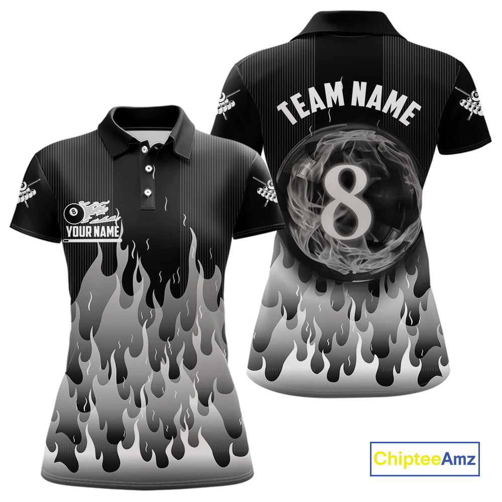 Black And Grey Flaming 8 Ball Pool Billiard Polo & 1/4 Zip Custom Pool Team Player Jersey