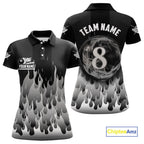 Black And Grey Flaming 8 Ball Pool Billiard Polo & 1/4 Zip Custom Pool Team Player Jersey