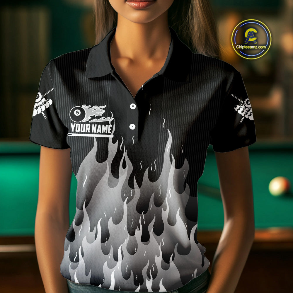 Black And Grey Flaming 8 Ball Pool Billiard Polo & 1/4 Zip Custom Pool Team Player Jersey