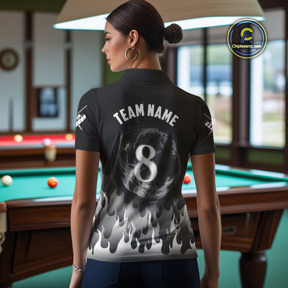 Black And Grey Flaming 8 Ball Pool Billiard Polo & 1/4 Zip Custom Pool Team Player Jersey