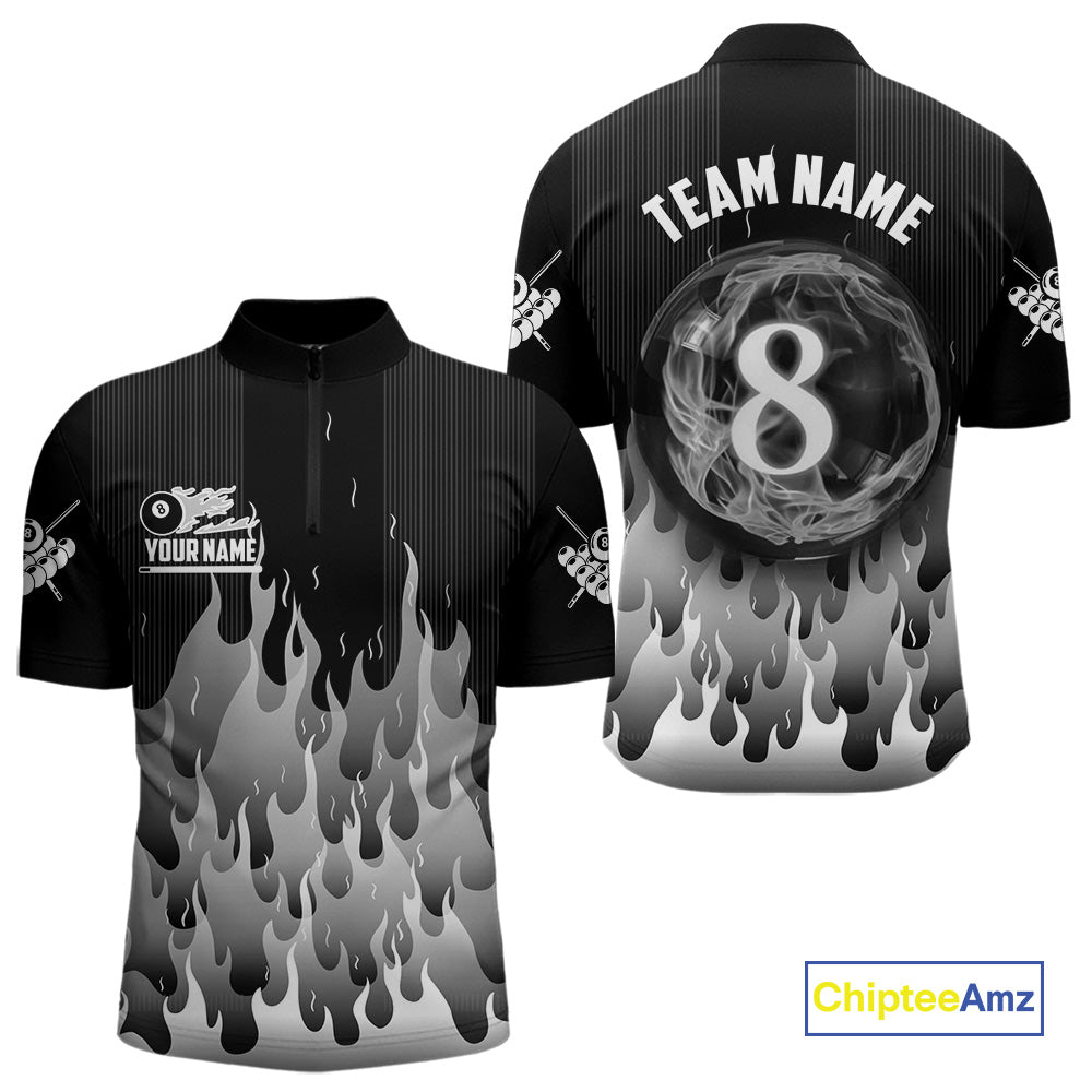 Black And Grey Flaming 8 Ball Pool Billiard Polo & 1/4 Zip Custom Pool Team Player Jersey