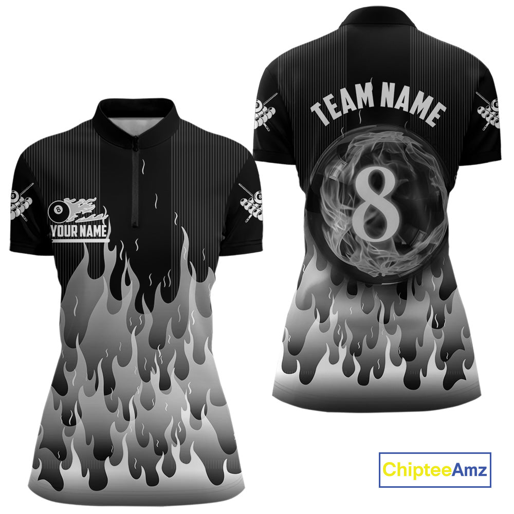 Black And Grey Flaming 8 Ball Pool Billiard Polo & 1/4 Zip Custom Pool Team Player Jersey