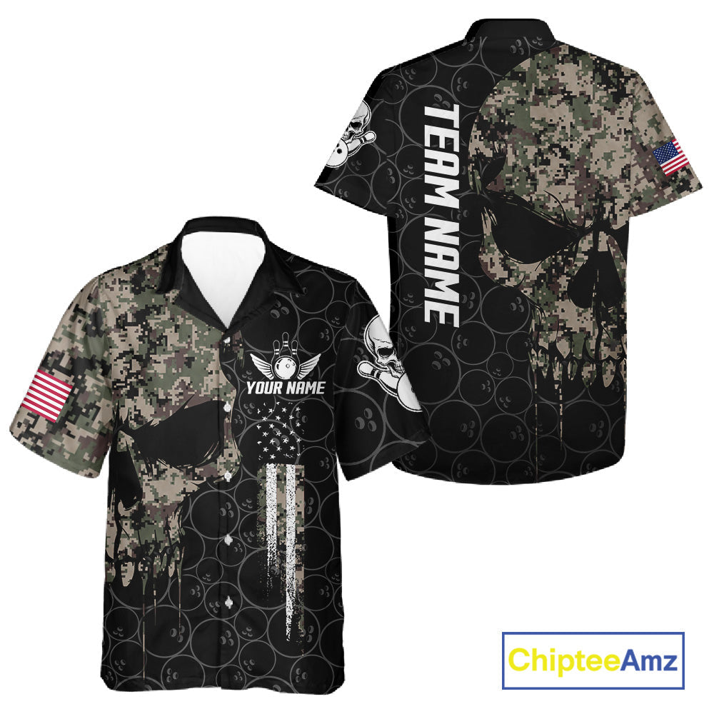 Retro Camo Skull Bowling Hawaiian Shirt Custom US Flag Bowling Team Button Up Jersey