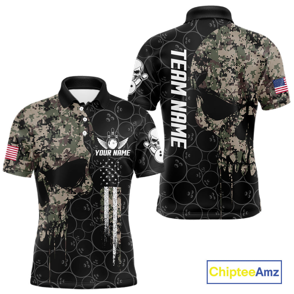 Retro Camo Skull Bowling Shirts Custom US Flag Bowling Team Jersey Polo & Quarter Zip