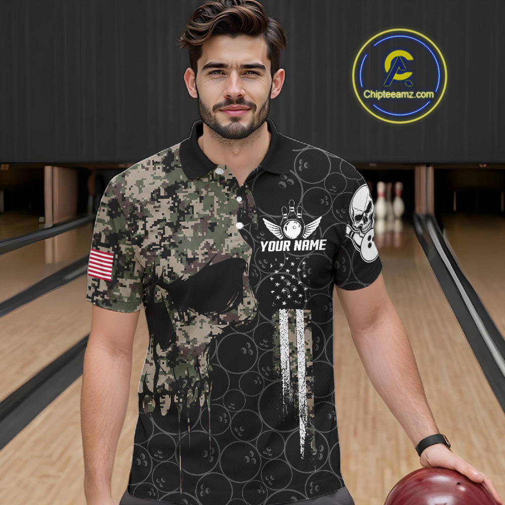 Retro Camo Skull Bowling Shirts Custom US Flag Bowling Team Jersey Polo & Quarter Zip