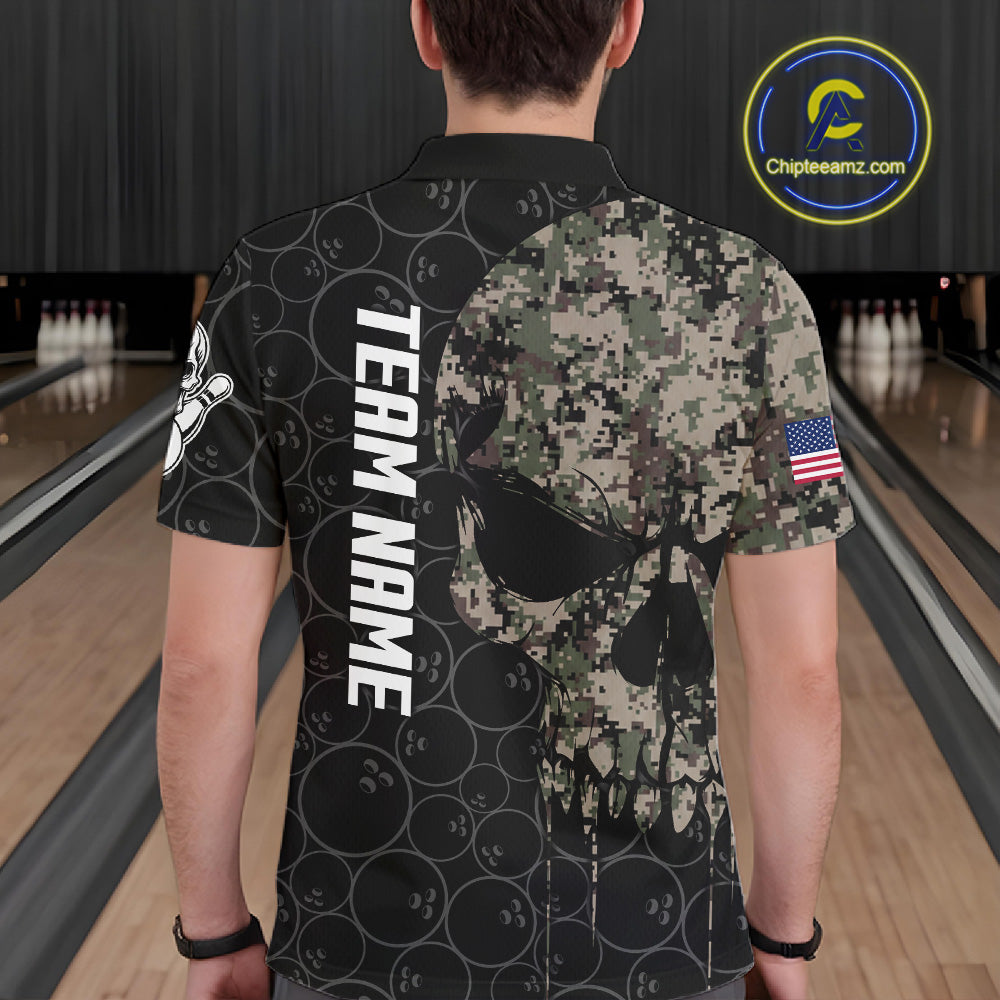 Retro Camo Skull Bowling Shirts Custom US Flag Bowling Team Jersey Polo & Quarter Zip