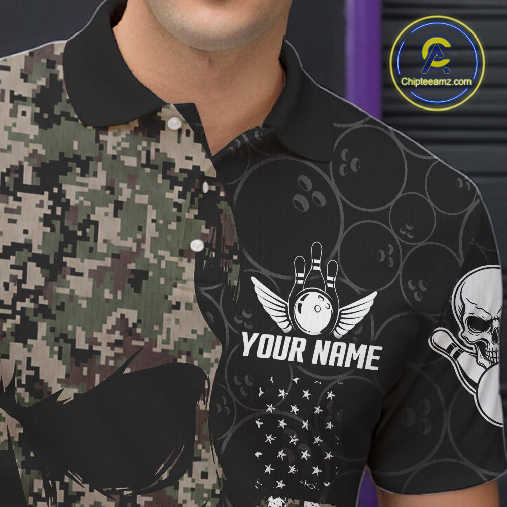 Retro Camo Skull Bowling Shirts Custom US Flag Bowling Team Jersey Polo & Quarter Zip