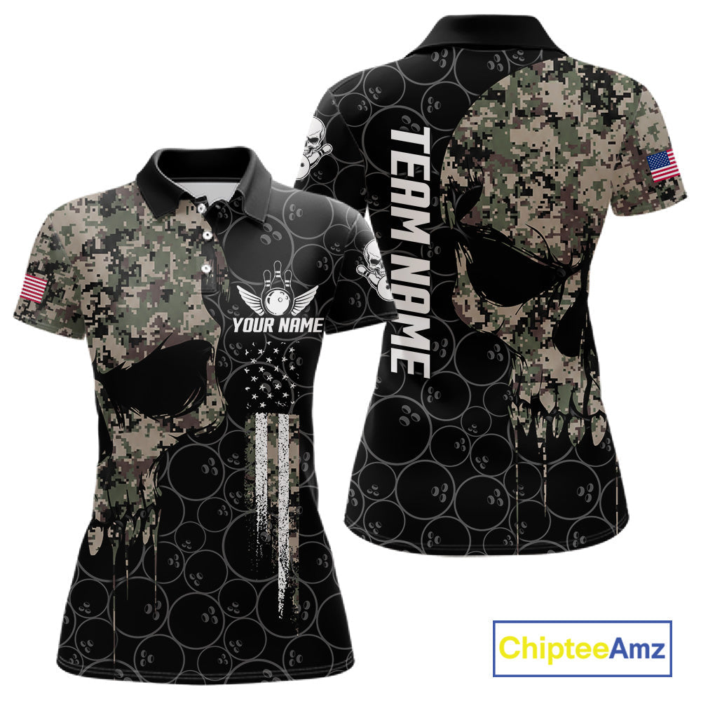 Retro Camo Skull Bowling Shirts Custom US Flag Bowling Team Jersey Polo & Quarter Zip