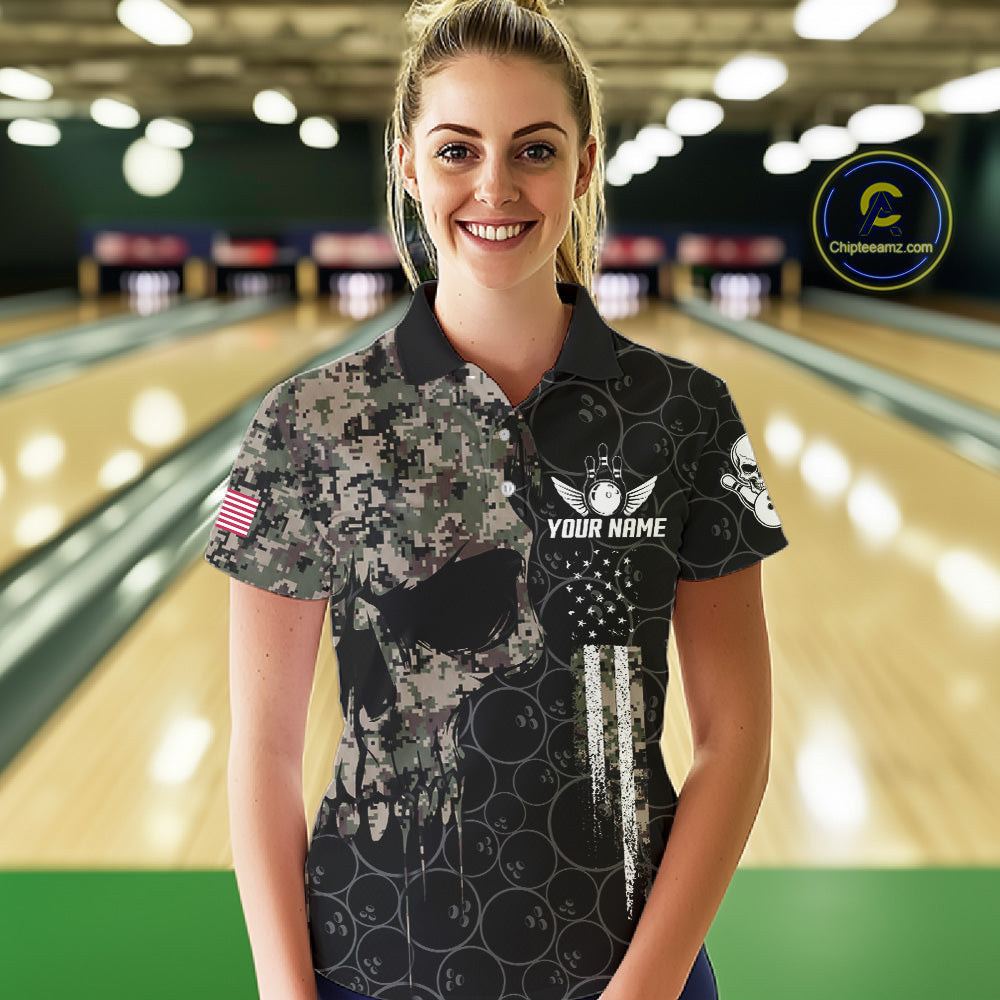 Retro Camo Skull Bowling Shirts Custom US Flag Bowling Team Jersey Polo & Quarter Zip