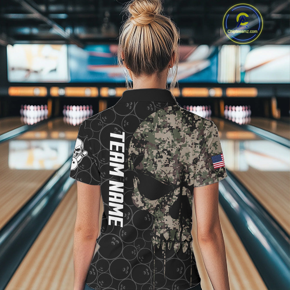 Retro Camo Skull Bowling Shirts Custom US Flag Bowling Team Jersey Polo & Quarter Zip