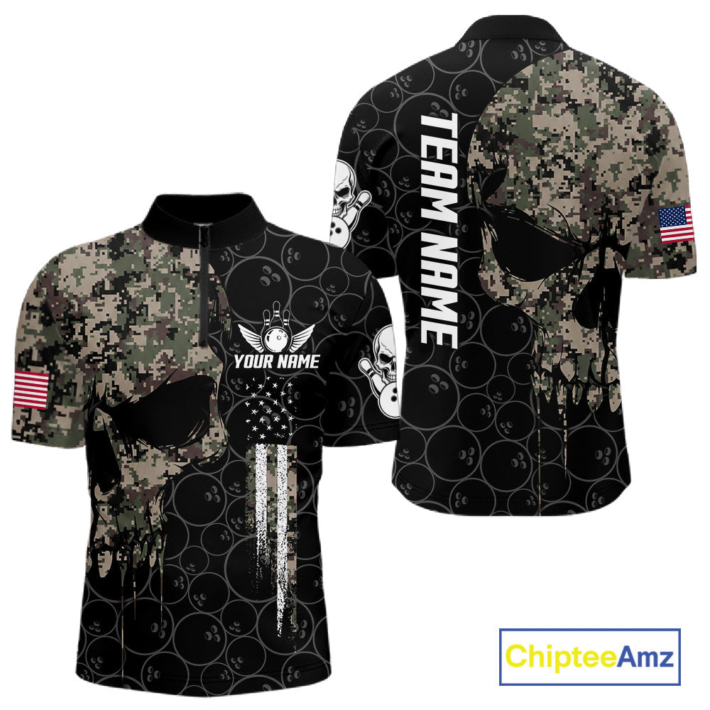 Retro Camo Skull Bowling Shirts Custom US Flag Bowling Team Jersey Polo & Quarter Zip