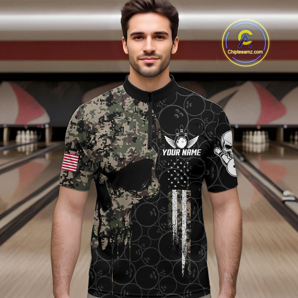 Retro Camo Skull Bowling Shirts Custom US Flag Bowling Team Jersey Polo & Quarter Zip