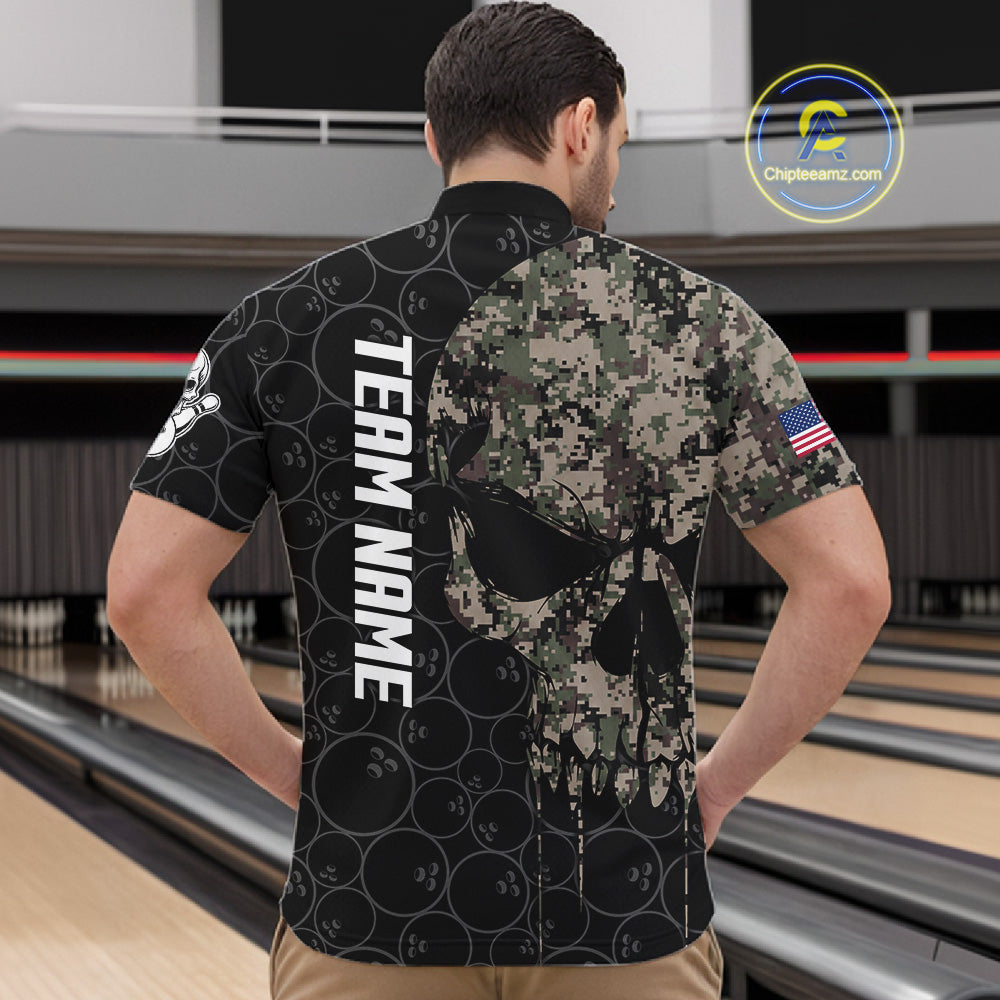 Retro Camo Skull Bowling Shirts Custom US Flag Bowling Team Jersey Polo & Quarter Zip