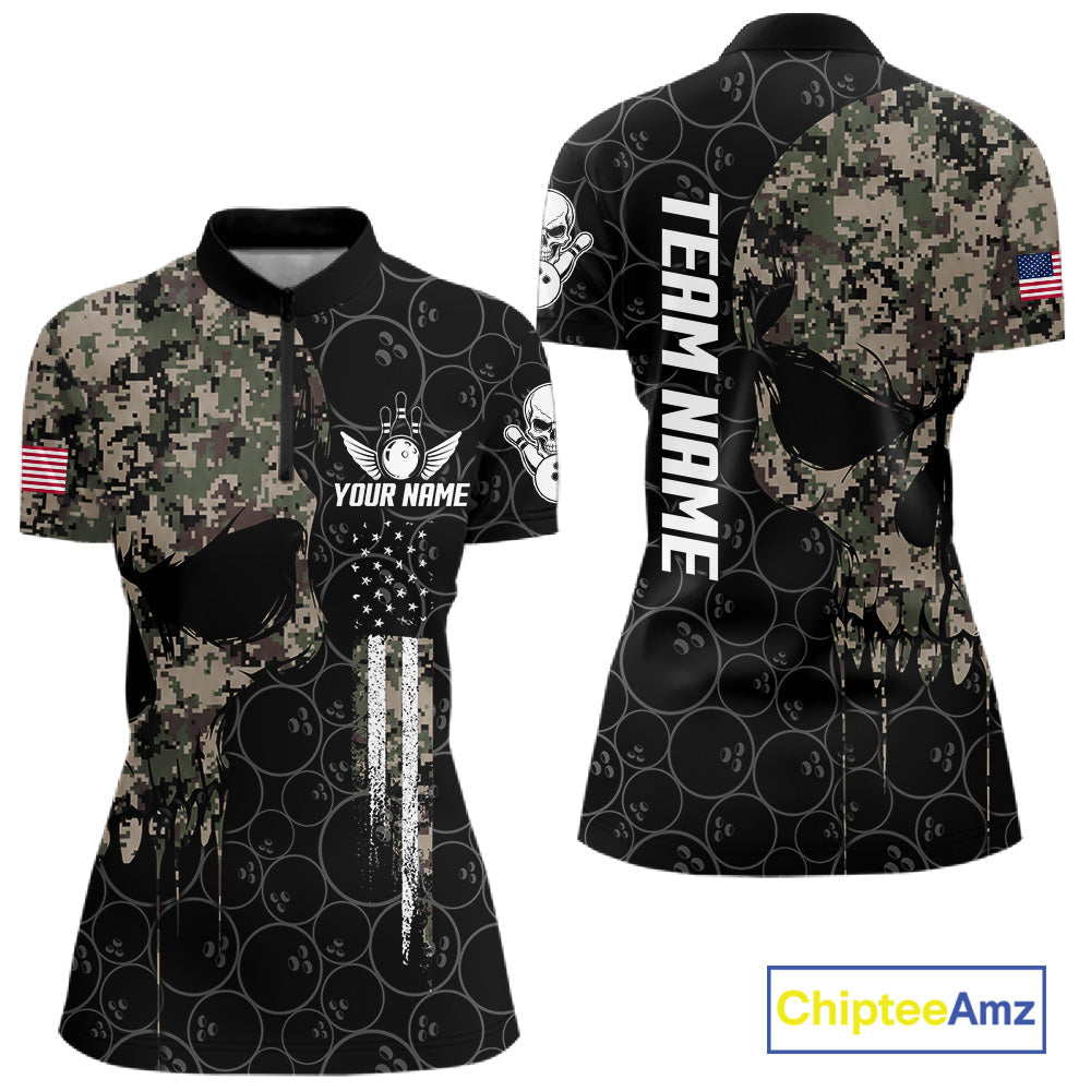 Retro Camo Skull Bowling Shirts Custom US Flag Bowling Team Jersey Polo & Quarter Zip