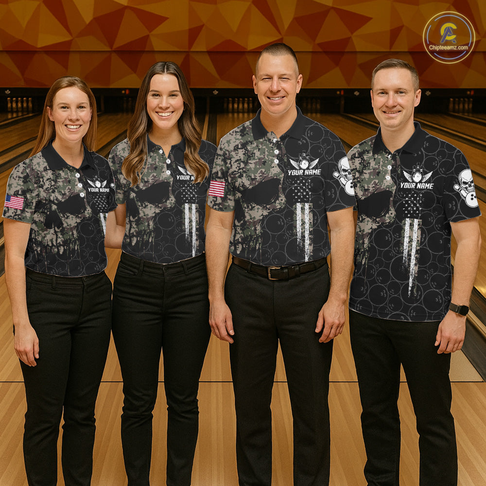 Retro Camo Skull Bowling Shirts Custom US Flag Bowling Team Jersey Polo & Quarter Zip