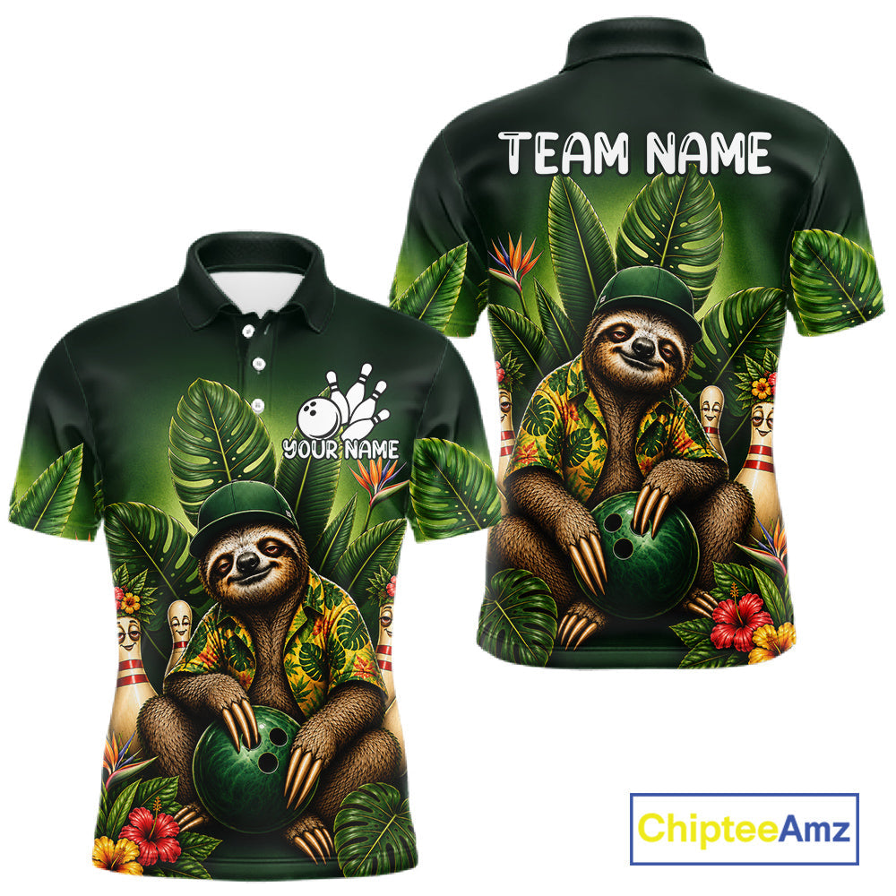 Custom Green Funny Sloth Tropical Bowling Shirts, Bowling Team Jersey Polo & 1/4 Zip
