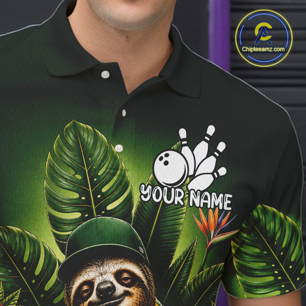 Custom Green Funny Sloth Tropical Bowling Shirts, Bowling Team Jersey Polo & 1/4 Zip
