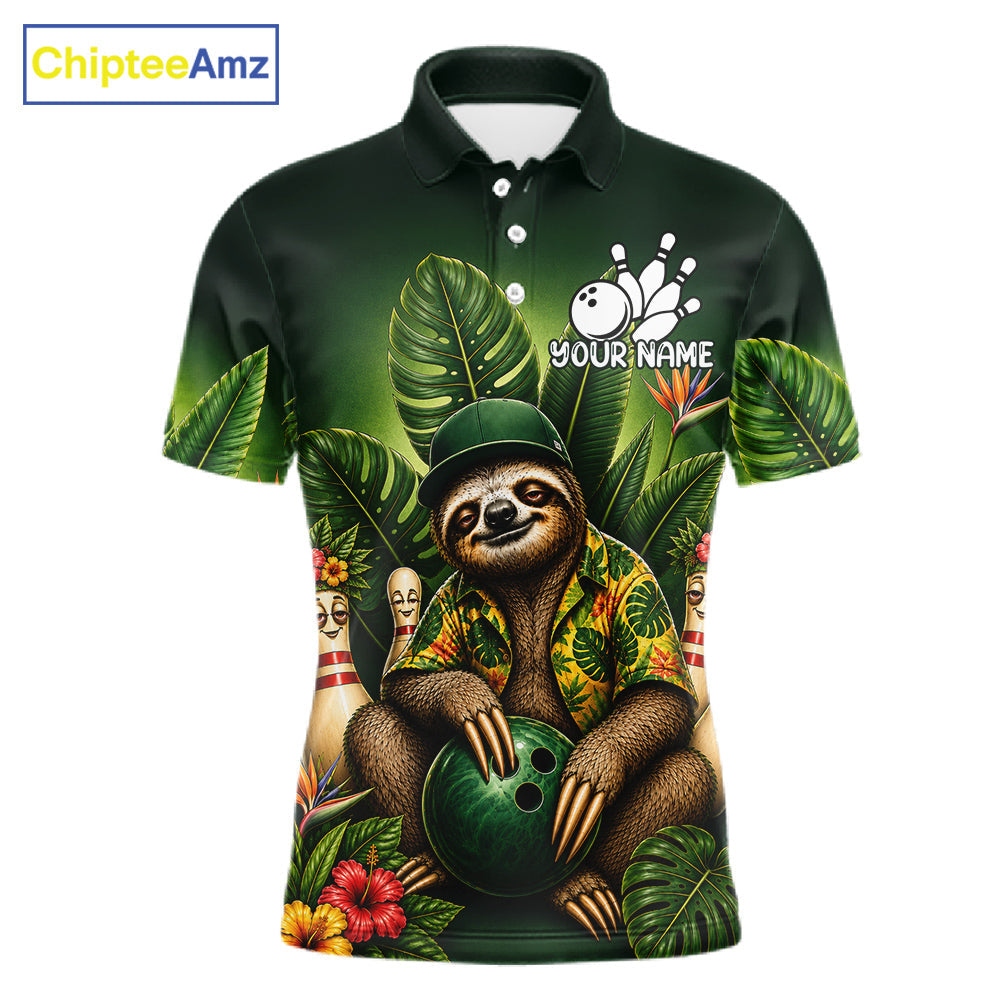 Custom Green Funny Sloth Tropical Bowling Shirts, Bowling Team Jersey Polo & 1/4 Zip