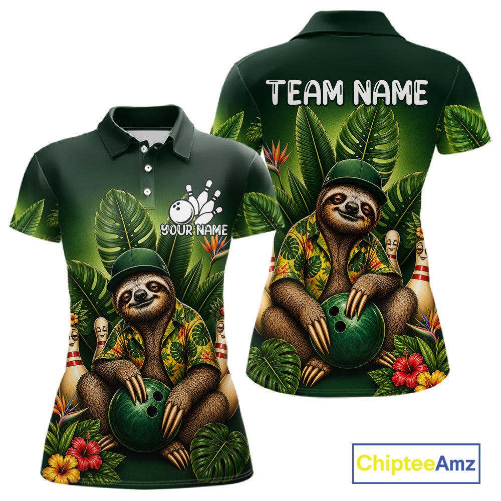 Custom Green Funny Sloth Tropical Bowling Shirts, Bowling Team Jersey Polo & 1/4 Zip