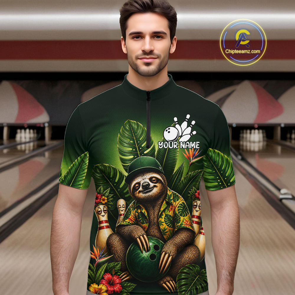 Custom Green Funny Sloth Tropical Bowling Shirts, Bowling Team Jersey Polo & 1/4 Zip