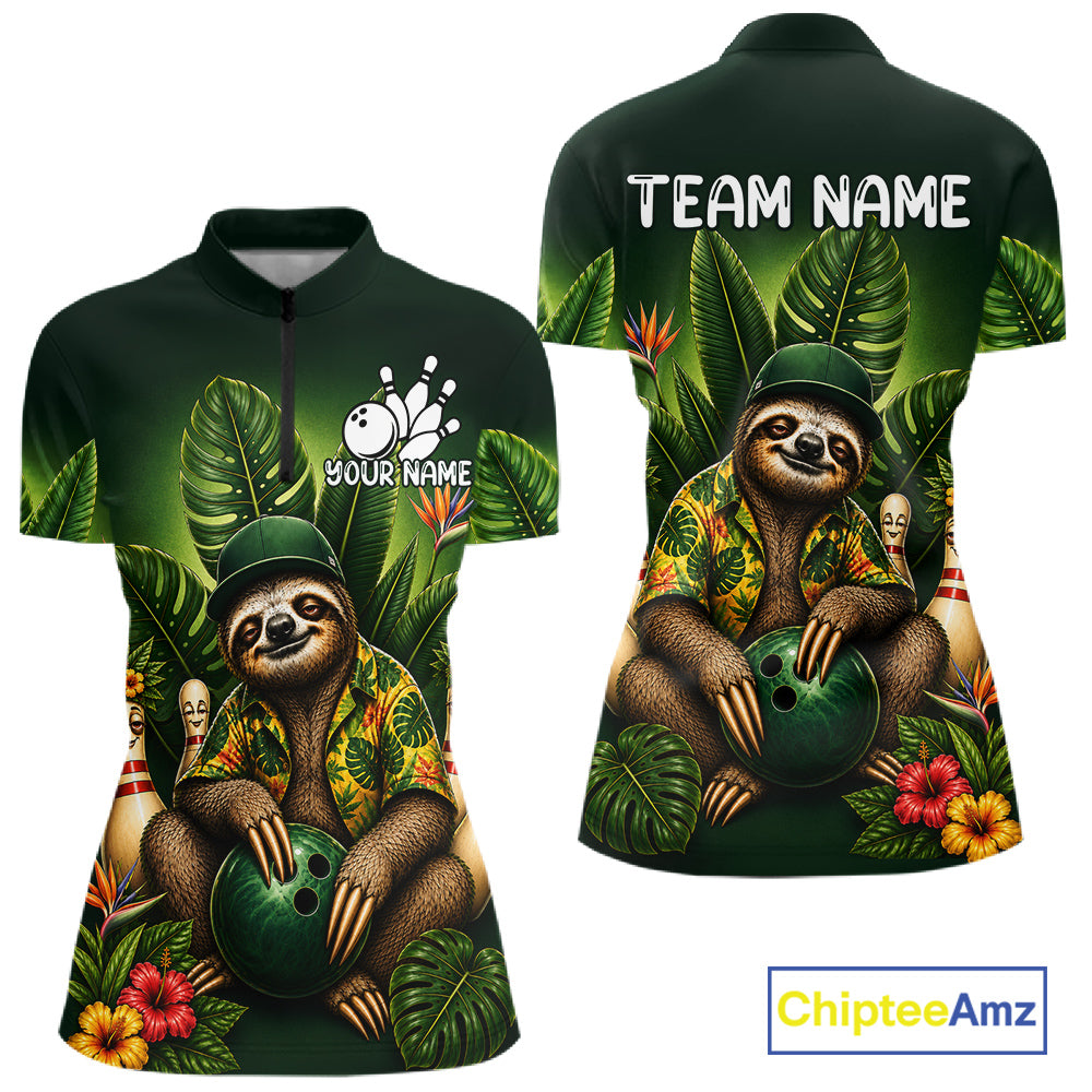 Custom Green Funny Sloth Tropical Bowling Shirts, Bowling Team Jersey Polo & 1/4 Zip