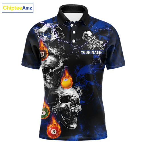 Personalized Smoke Skull Blue Billiard Shirts, Grim Reaper Pool Jersey Team Polo & 1/4 Zip