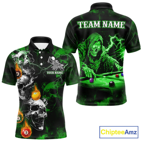 Personalized Smoke Skull Green Billiard Shirts, Grim Reaper Pool Jersey Team Polo, 1/4 Zip