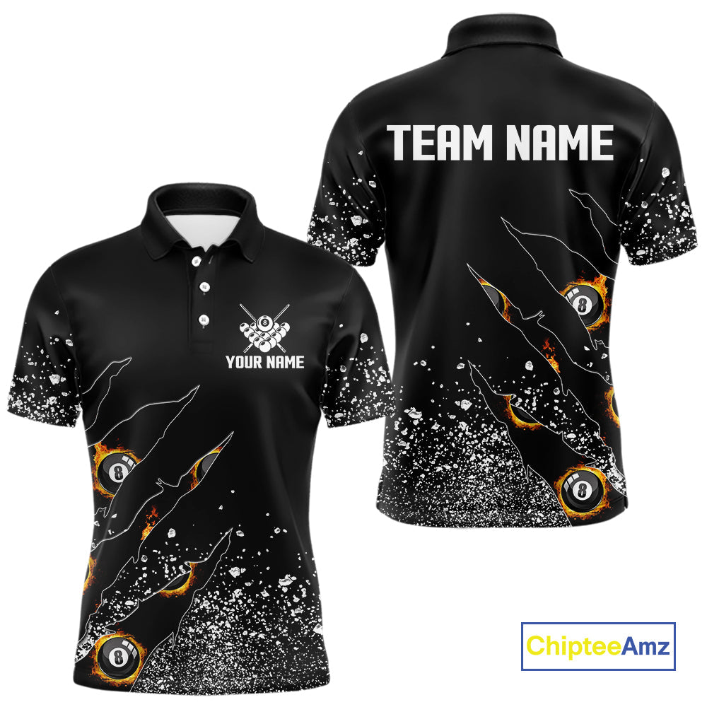 Custom 8 Ball Fire Black Grunge Billiard Shirts, Billiard Team Shirts Pool Jerseys