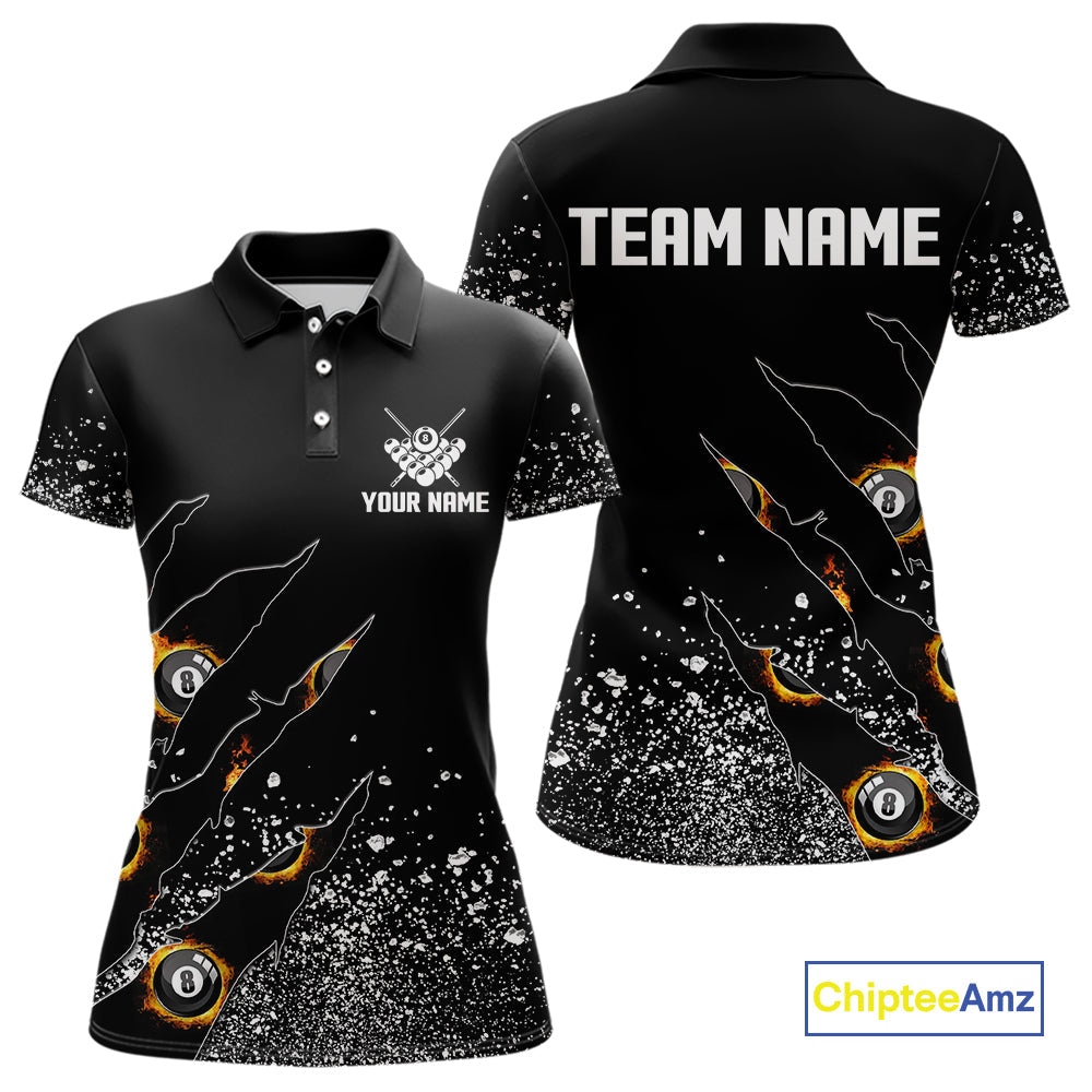 Custom 8 Ball Fire Black Grunge Billiard Shirts, Billiard Team Shirts Pool Jerseys