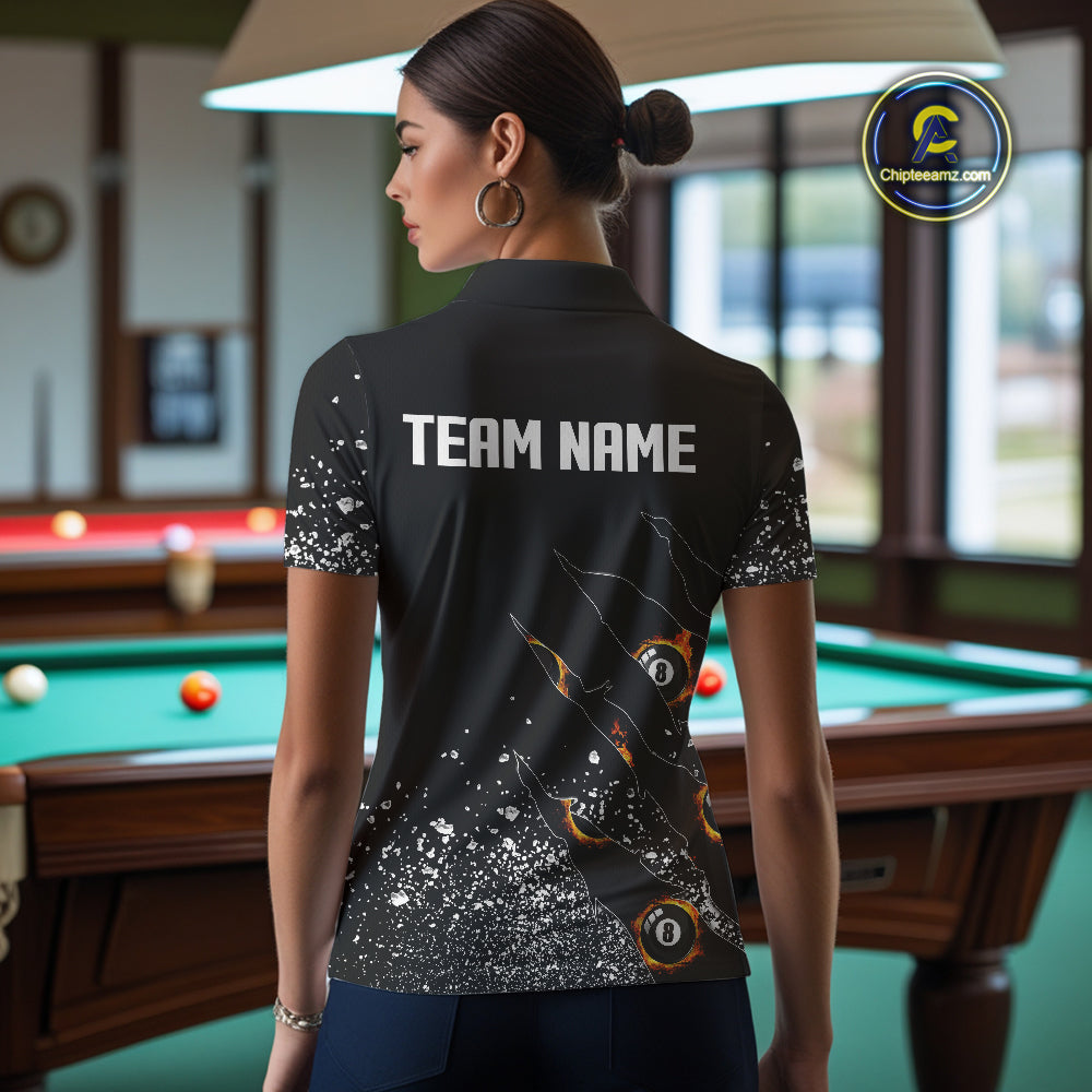 Custom 8 Ball Fire Black Grunge Billiard Shirts, Billiard Team Shirts Pool Jerseys