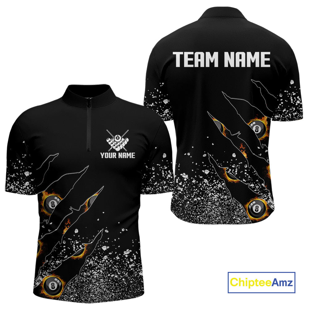 Custom 8 Ball Fire Black Grunge Billiard Shirts, Billiard Team Shirts Pool Jerseys