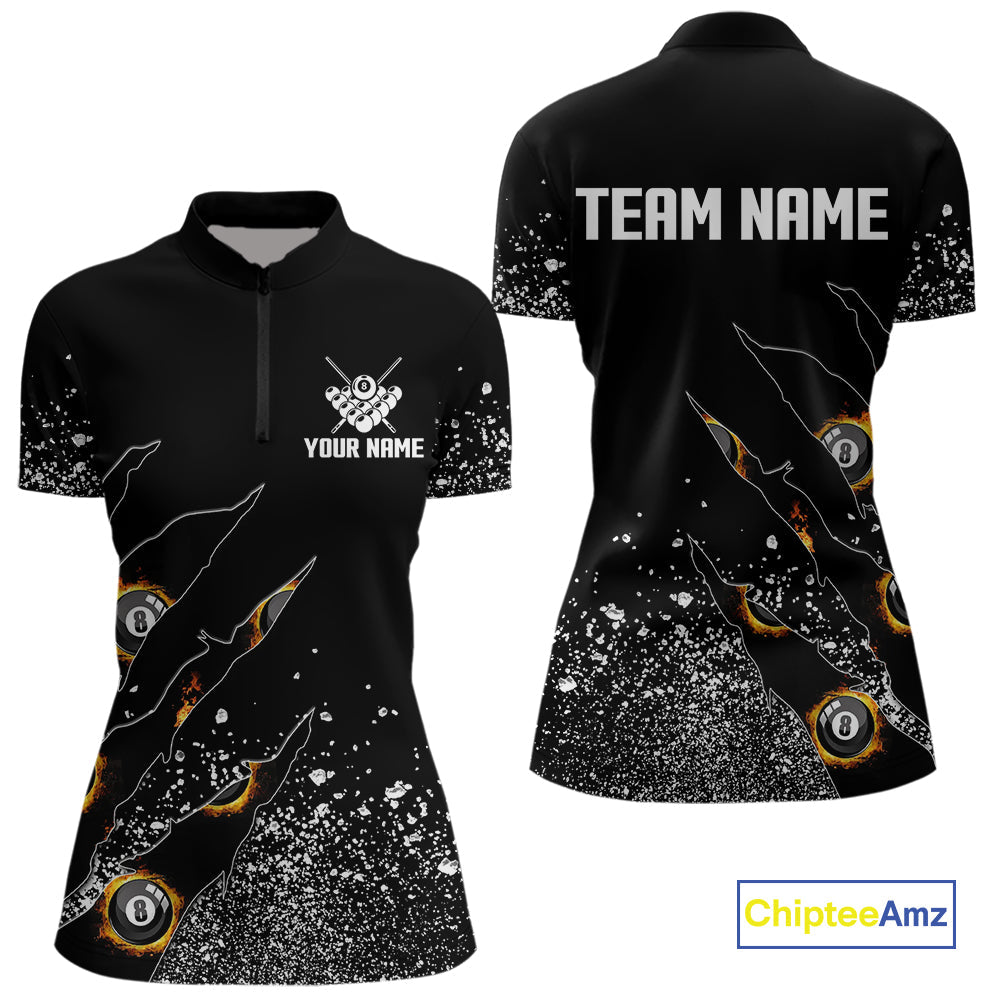 Custom 8 Ball Fire Black Grunge Billiard Shirts, Billiard Team Shirts Pool Jerseys