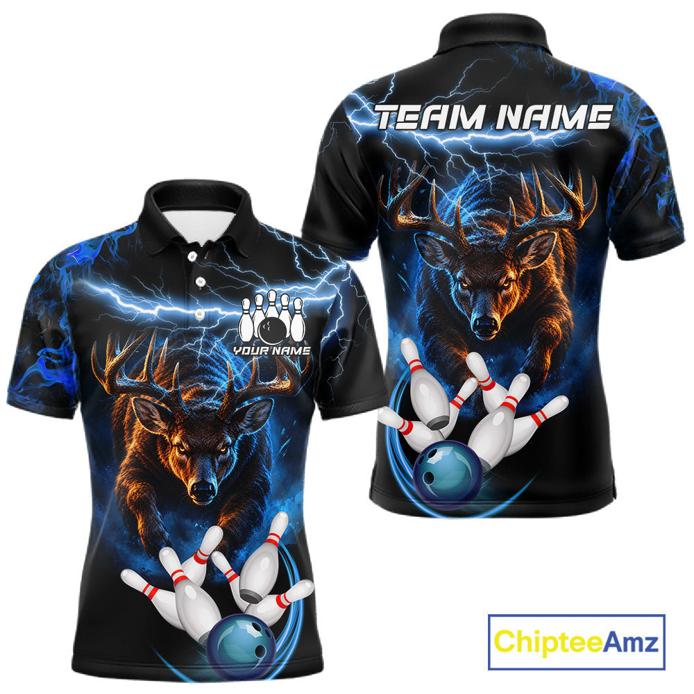 Personalized Blue Lightning Thunder Deer Bowling Shirts Custom Bowling League Team Jersey
