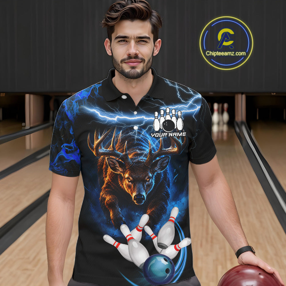 Personalized Blue Lightning Thunder Deer Bowling Shirts Custom Bowling League Team Jersey