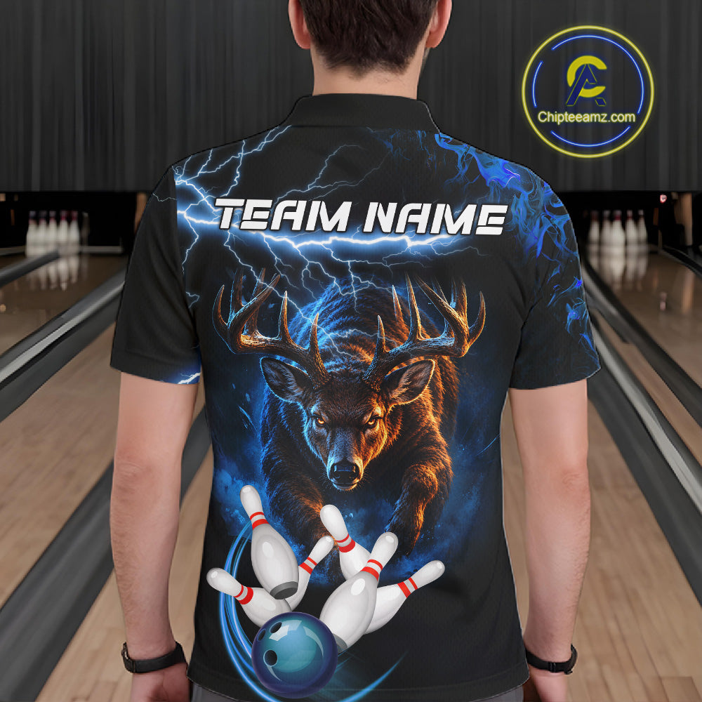 Personalized Blue Lightning Thunder Deer Bowling Shirts Custom Bowling League Team Jersey