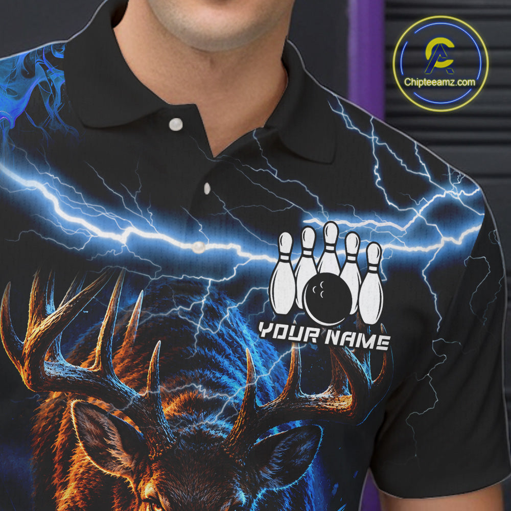 Personalized Blue Lightning Thunder Deer Bowling Shirts Custom Bowling League Team Jersey