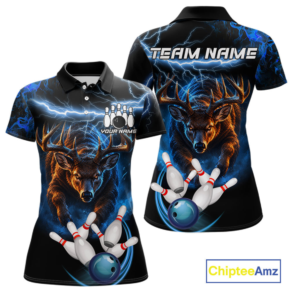 Personalized Blue Lightning Thunder Deer Bowling Shirts Custom Bowling League Team Jersey