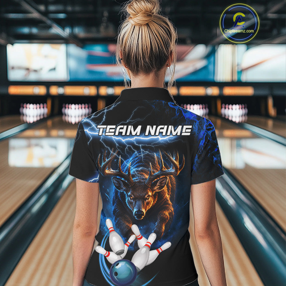 Personalized Blue Lightning Thunder Deer Bowling Shirts Custom Bowling League Team Jersey