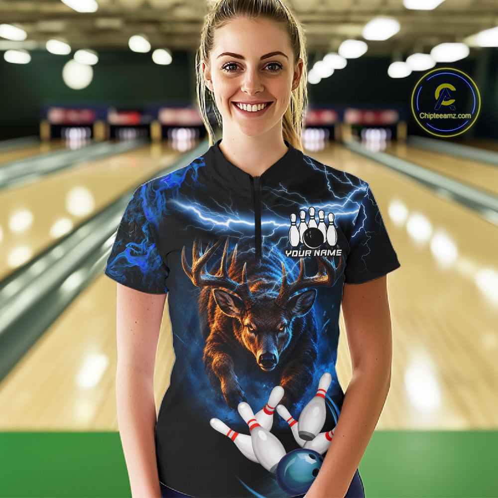 Personalized Blue Lightning Thunder Deer Bowling Shirts Custom Bowling League Team Jersey