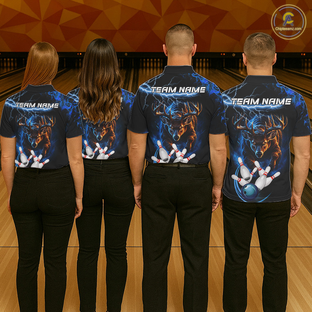 Personalized Blue Lightning Thunder Deer Bowling Shirts Custom Bowling League Team Jersey