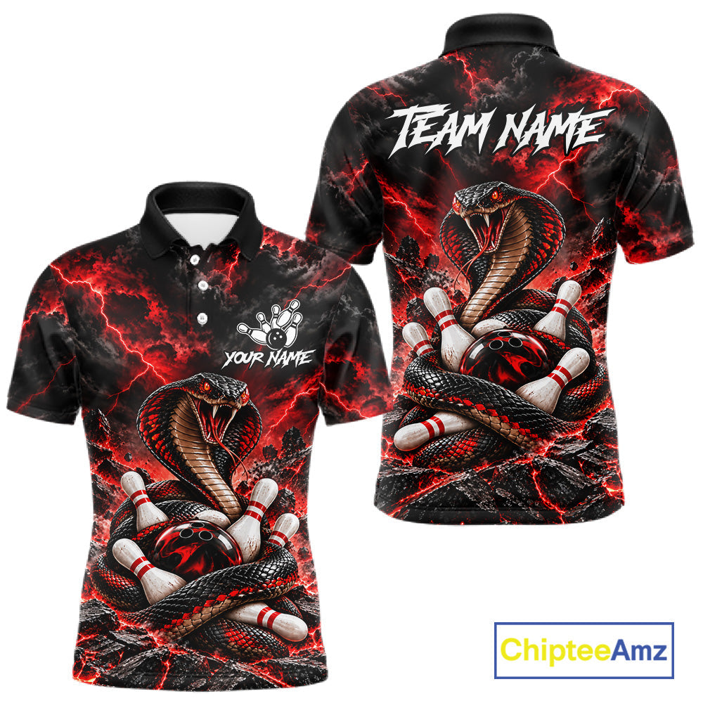 Black And Red Custom Cobra Lightning Bowling Shirts, Bowling Team Jersey Polo & 1/4 Zip