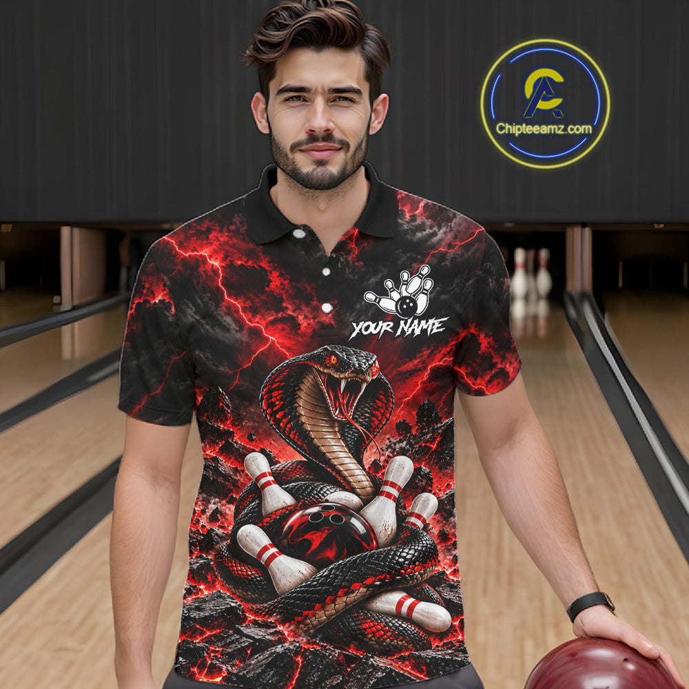 Black And Red Custom Cobra Lightning Bowling Shirts, Bowling Team Jersey Polo & 1/4 Zip