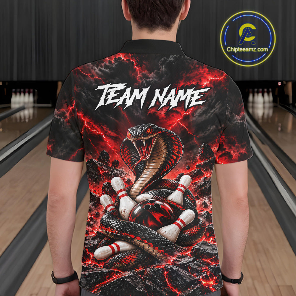 Black And Red Custom Cobra Lightning Bowling Shirts, Bowling Team Jersey Polo & 1/4 Zip