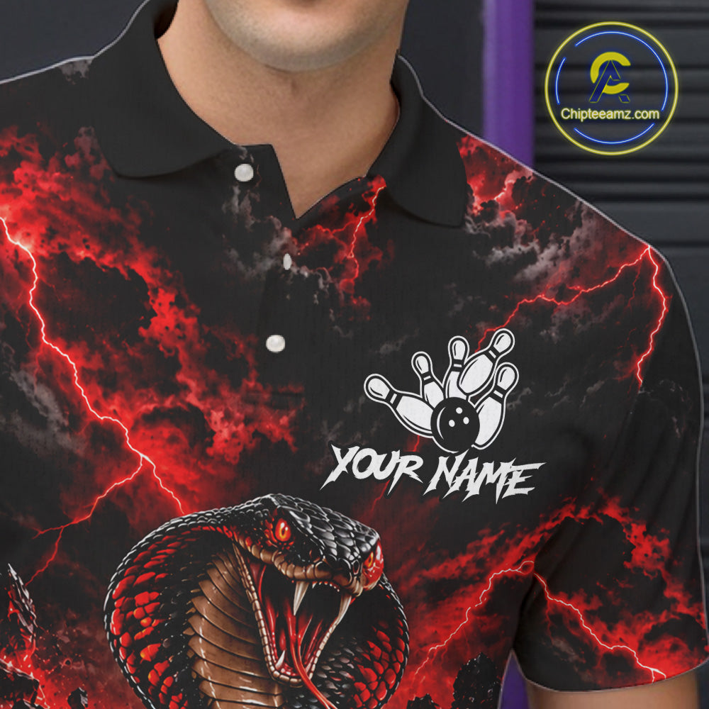 Black And Red Custom Cobra Lightning Bowling Shirts, Bowling Team Jersey Polo & 1/4 Zip