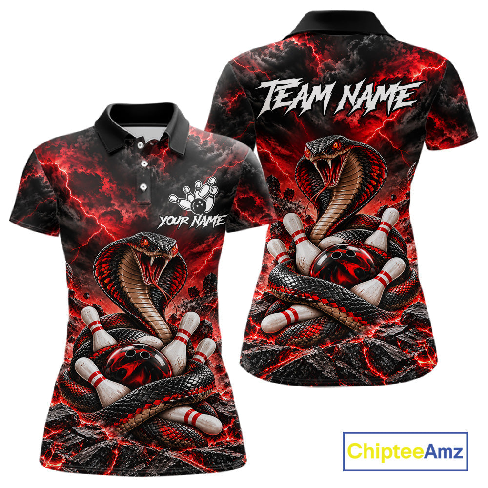 Black And Red Custom Cobra Lightning Bowling Shirts, Bowling Team Jersey Polo & 1/4 Zip