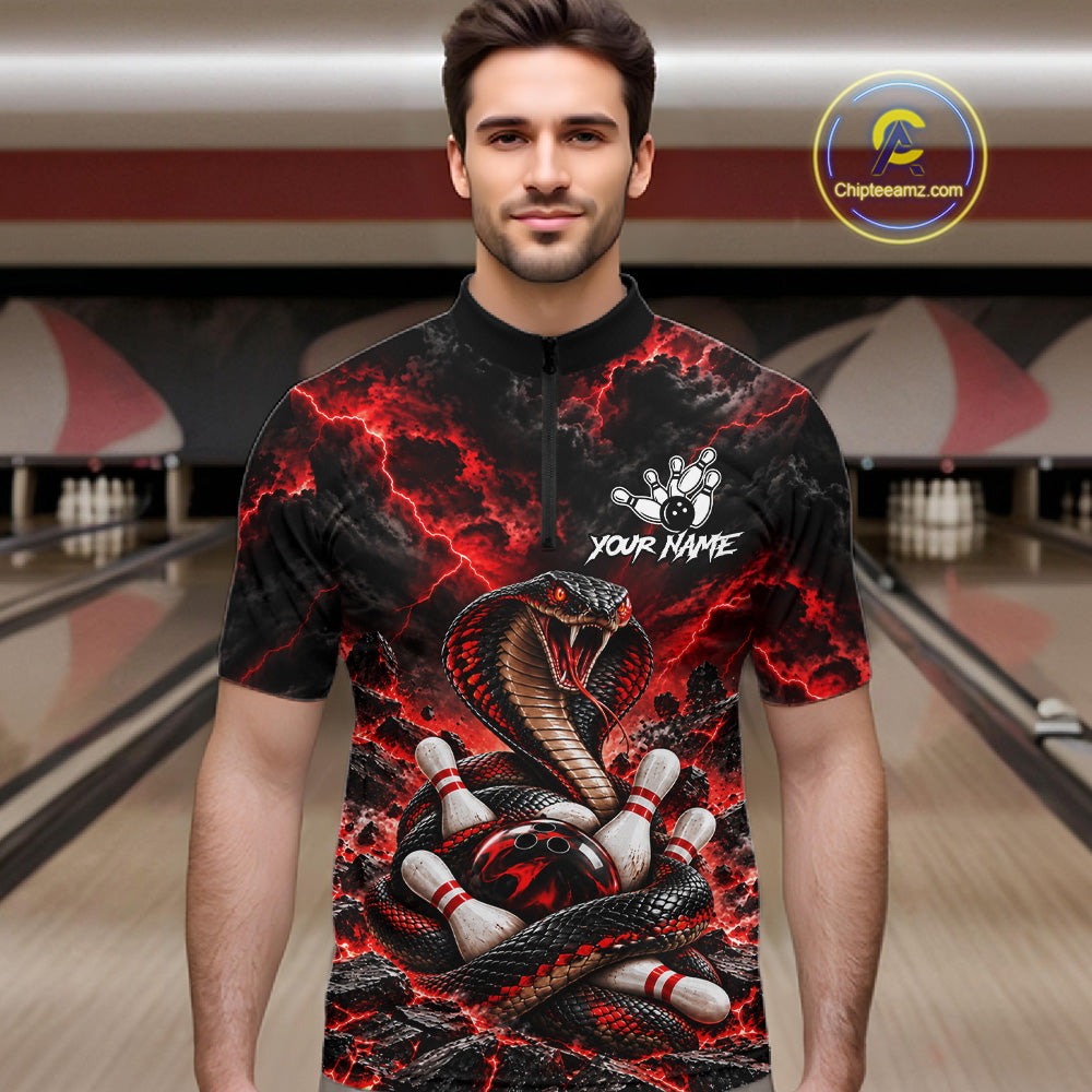 Black And Red Custom Cobra Lightning Bowling Shirts, Bowling Team Jersey Polo & 1/4 Zip