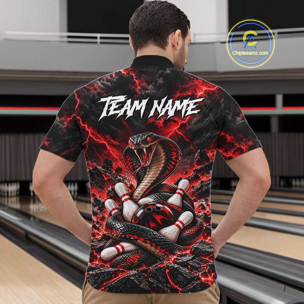 Black And Red Custom Cobra Lightning Bowling Shirts, Bowling Team Jersey Polo & 1/4 Zip