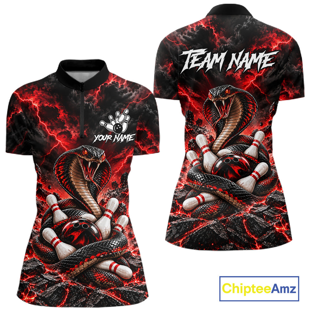 Black And Red Custom Cobra Lightning Bowling Shirts, Bowling Team Jersey Polo & 1/4 Zip