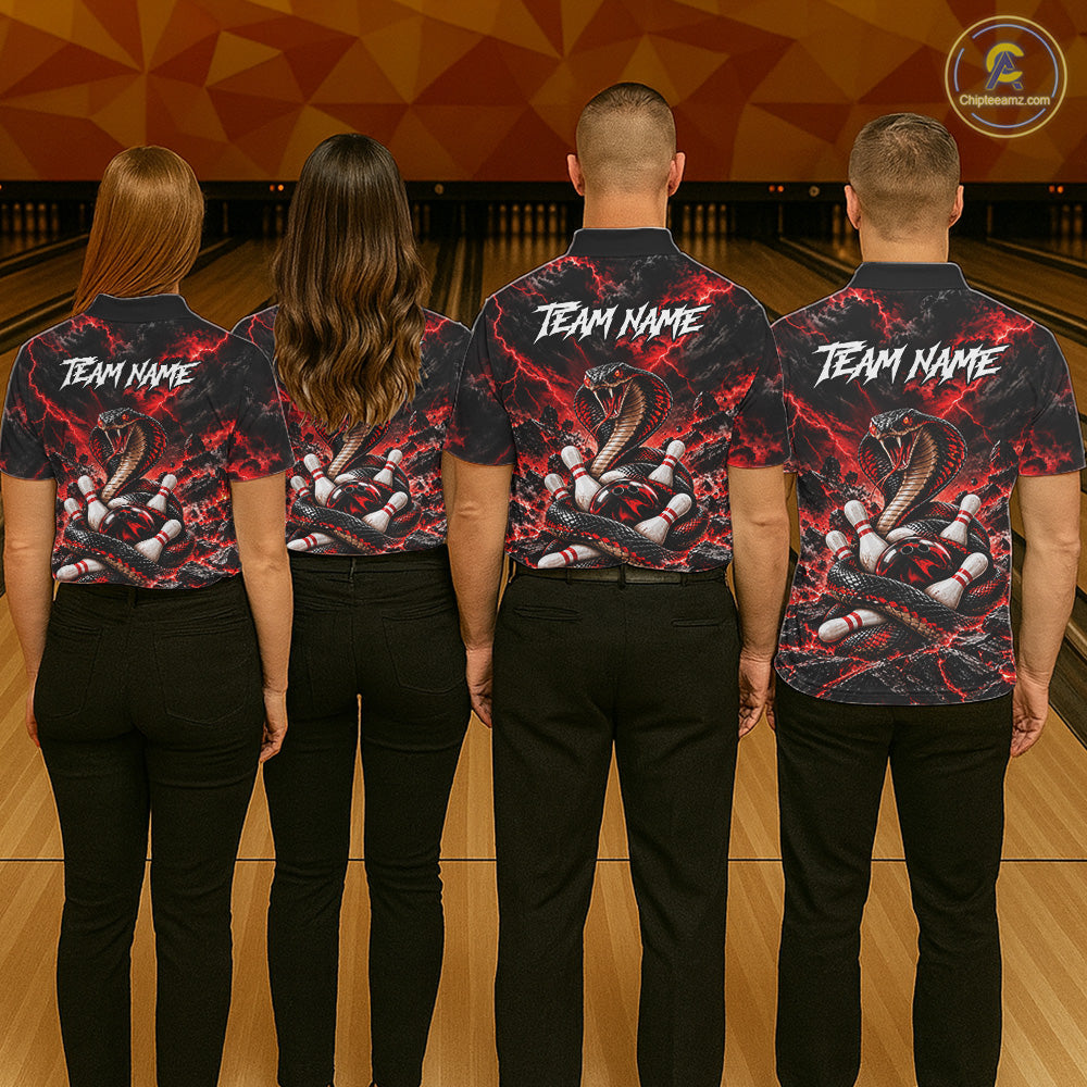 Black And Red Custom Cobra Lightning Bowling Shirts, Bowling Team Jersey Polo & 1/4 Zip