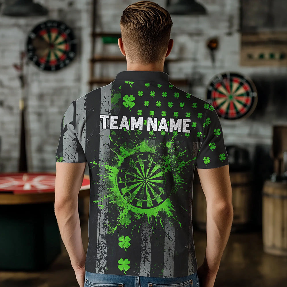 Green Grunge US Flag Luckiest Shamrock Patriotic Dart Shirt Custom St Patrick Day Dart Jersey